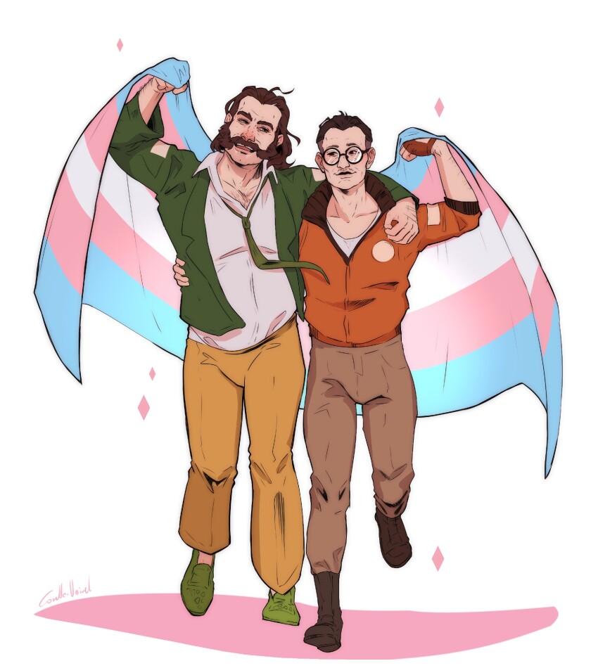 2boys, arm_on_another's_shoulder, blazer, bomber_jacket, brown_hair, chest_hair, collared_shirt, commentary, corellevairel, disco_elysium, english_commentary, facial_hair, flag, glasses, gloves, green_jacket, green_necktie, hand_up, harry_du_bois, head_tilt, highres, holding, holding_flag, jacket, kim_kitsuragi, looking_at_viewer, male_focus, multiple_boys, mutton_chops, necktie, orange_gloves, orange_jacket, round_eyewear, shirt, standing, standing_on_one_leg, transgender_flag, walking, walking_towards_viewer, white_shirt