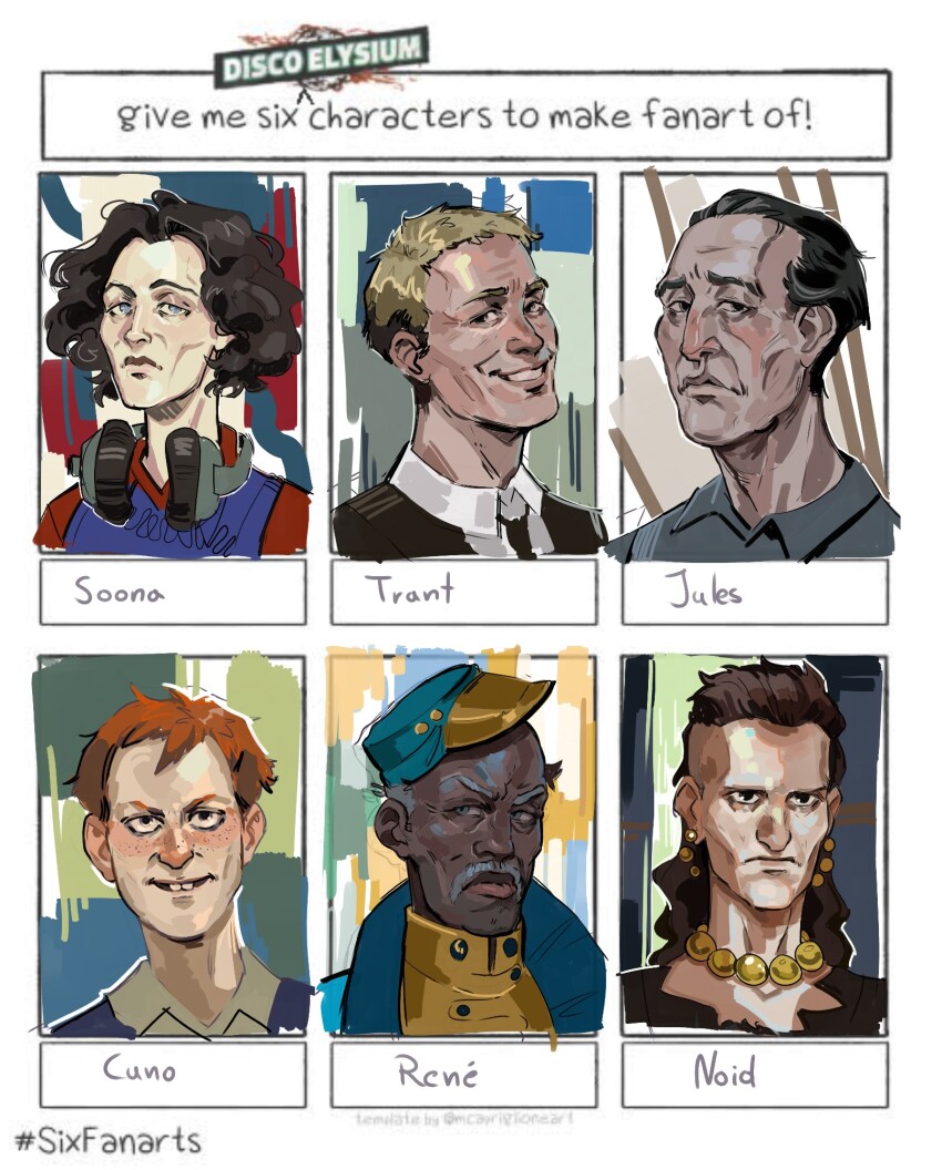 1girl, 5boys, :|, aegyo_sal, black_eyes, black_hair, blonde_hair, character_name, closed_mouth, corellevairel, cowboy_shot, cuno, curly_hair, dark-skinned_male, dark_skin, disco_elysium, english_text, expressionless, freckles, green_eyes, grey_hair, grin, hat, headphones, headphones_around_neck, highres, jewelry, jules_pidieu, looking_to_the_side, multiple_boys, multiple_drawing_challenge, necklace, noid_(disco_elysium), portrait, renee_arnoux, shirt, short_hair, six_fanarts_challenge, smile, soona_luukanen-kilde, tooth_gap, trant_heidelstam, white_shirt