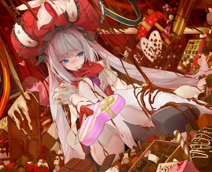 1girl, :p, blue_eyes, bow, box, bright_pupils, chocolate, chocolate_on_body