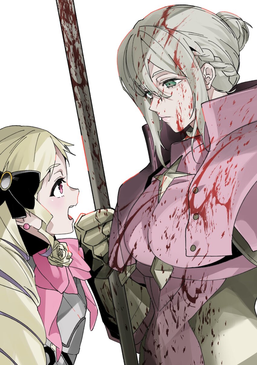 2girls, absurdres, armor, blonde_hair, blood, blood_on_armor, blood_on_face, bloody_weapon