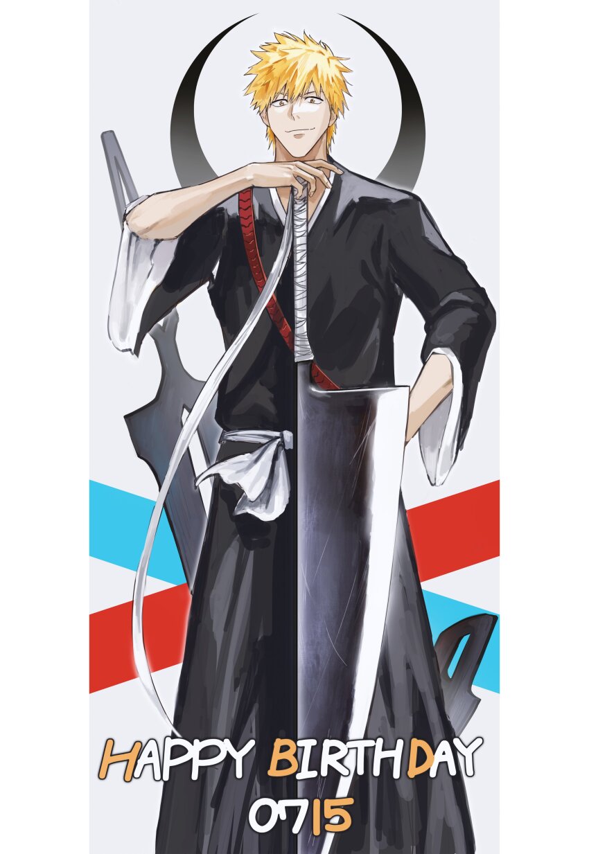 1boy, 22nae2, absurdres, bandages, belt, birthday_date, black_hakama, bleach