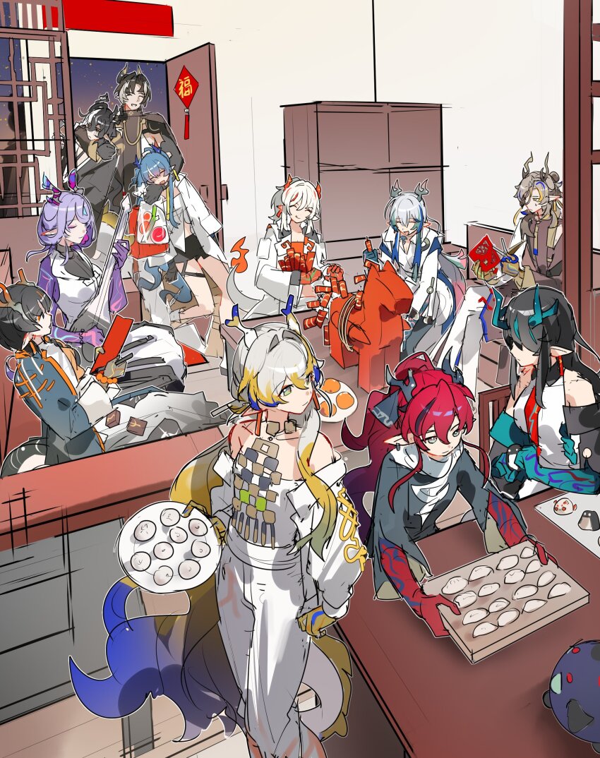 absurdres, arknights, black_hair, chongyue_(arknights), colored_skin, dragon_boy, dragon_girl, dragon_horns