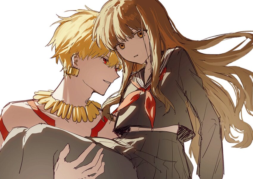 1boy, 1girl, black_sailor_collar, black_serafuku, black_skirt, blonde_hair, body_markings, brown_eyes, brown_hair, carrying, commentary_request, earrings, fate/extra, fate/extra_ccc, fate_(series), floating_hair, gilgamesh_(fate), grey_pantyhose, highres, hkg4235, jewelry, kishinami_hakuno_(female), korean_commentary, long_hair, looking_at_another, looking_at_viewer, miniskirt, neckerchief, necklace, pantyhose, parted_lips, princess_carry, red_eyes, red_neckerchief, sailor_collar, school_uniform, serafuku, shirt_overhang, sidelocks, sketch, skirt, smile, tsukumihara_academy_uniform_(fate/extra_ccc)