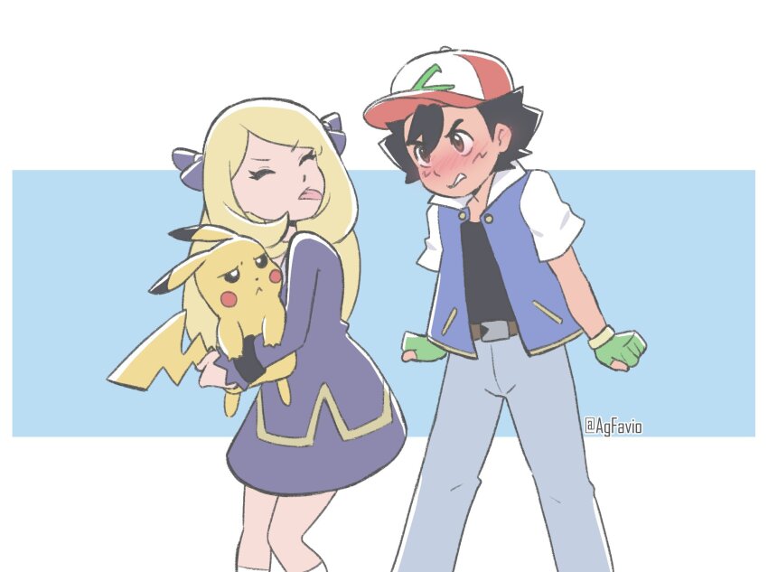 1boy, 1girl, aged_down, agfavio, angry, ash_ketchum, baseball_cap, black_dress