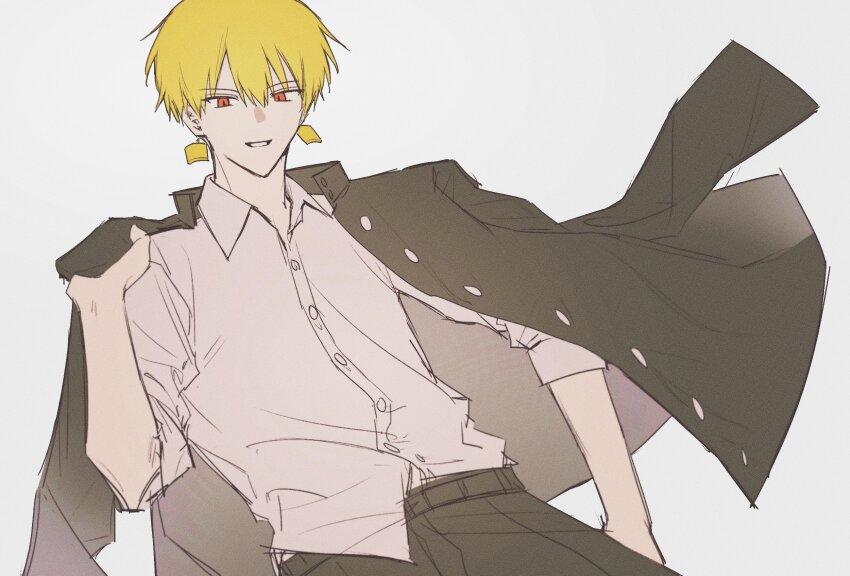 black_jacket, black_pants, blonde_hair, collared_shirt, earrings, fate/stay_night, fate_(series), hand_up