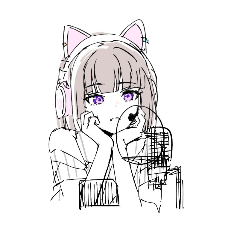 1girl, :d, animal_ear_headphones, animal_ears, blunt_bangs, bob_cut, brown_hair, c_(p0t3c1), cat_ear_headphones, cat_ears, clothing_cutout, commentary_request, fake_animal_ears, headphones, headset, ikizulive!_1st_live_~what_is_my_l?~, ikizulive!_love_live!_bluebird, korean_commentary, love_live!, microphone, open_mouth, pop_filter, purple_eyes, sasaki_shion, short_hair, shoulder_cutout, silent_stella_(love_live!), simple_background, single_bare_shoulder, smile, solo, upper_body, what_is_my_life?_(love_live!), white_background