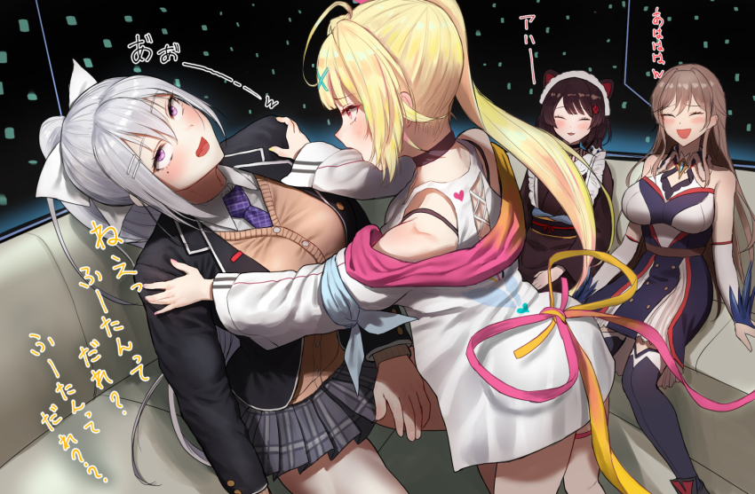 4girls, ^_^, ahoge, animal_ears, blonde_hair, breasts, brown_hair, closed_eyes