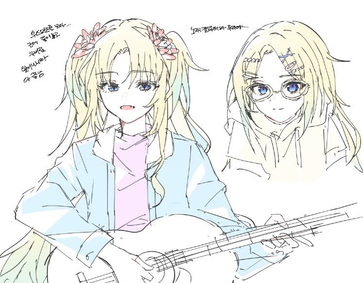 1girl, acoustic_guitar, blonde_hair, blue_eyes, blue_hair, blue_jacket, c_(p0t3c1), closed_mouth