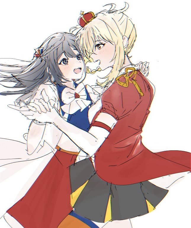 2girls, :d, black_hair, black_skirt, blonde_hair, brown_eyes, burn!!_(love_live!), c_(p0t3c1)