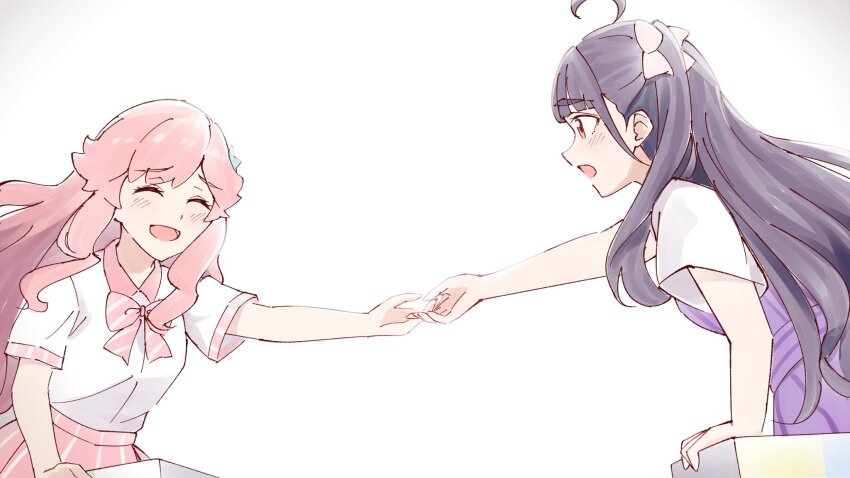 2girls, ^_^, ahoge, blush, bow, bowtie, chofu_noriko, closed_eyes, commentary_request, contrast_collar, cowboy_shot, diagonal-striped_bow, diagonal-striped_bowtie, diagonal-striped_clothes, dress, hair_bow, hair_flaps, hair_ornament, highres, hisaka, ikizulive!_1st_live_~what_is_my_l?~, ikizulive!_love_live!_bluebird, kanazawa_miracle, looking_at_another, love_live!, minoritea_(love_live!), multiple_girls, orange_eyes, outstretched_arm, pinafore_dress, pink_bow, pink_bowtie, pink_hair, pink_skirt, pinstripe_dress, pinstripe_pattern, pinstripe_skirt, purple_dress, purple_hair, raised_inner_eyebrows, reaching, reaching_towards_another, sad_smile, shirt, short_sleeves, sidelocks, simple_background, skirt, sleeveless, sleeveless_dress, star_(symbol), star_hair_ornament, striped_bow, striped_bowtie, striped_clothes, symmetry_(love_live!), two_side_up, what_is_my_life?_(love_live!), white_background, white_bow, white_shirt, yuri