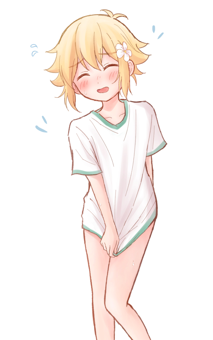 1boy, alternate_costume, basil_(faraway)_(omori), basil_(omori), blush, bottomless, closed_eyes, collarbone, commentary, dated_commentary, double-parted_bangs, flower, flying_sweatdrops, hair_between_eyes, hair_flower, hair_ornament, highres, male_focus, omori, open_mouth, segue5o, shirt, short_hair, short_sleeves, sidelocks, simple_background, smile, solo, t-shirt, untranslatable_commentary, white_background, white_shirt