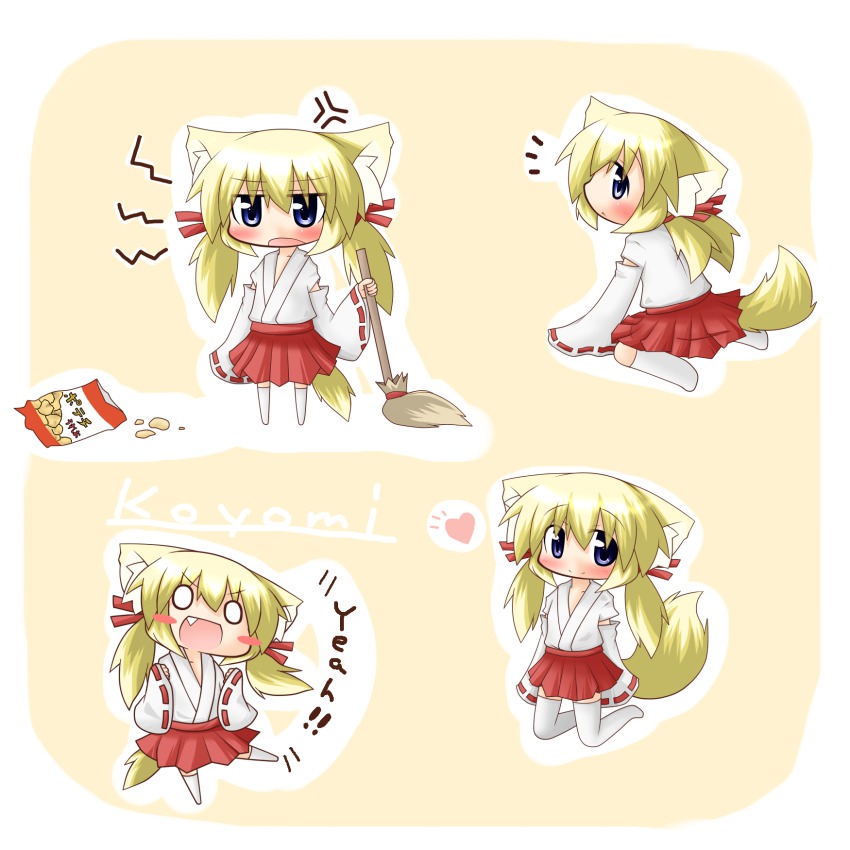 animal_ears, blonde_hair, blue_eyes, blush, chibi, fang, highres, japanese_clothes