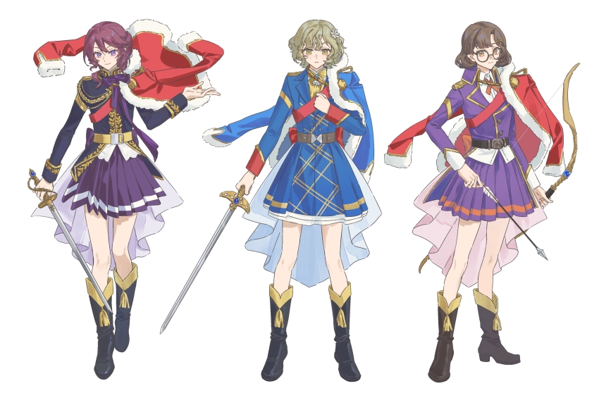 3girls, absurdres, aiguillette, arrow_(projectile), belt, black_boots, black_jacket, blonde_hair