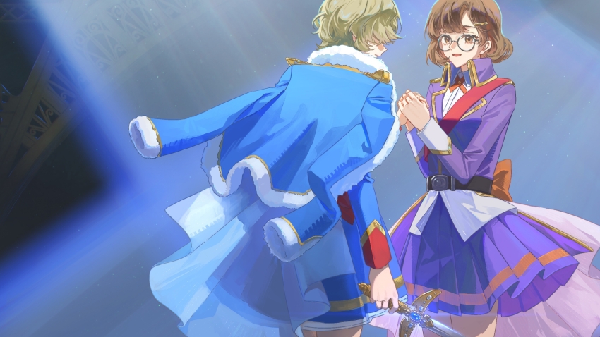 :d, belt, black_belt, blonde_hair, blue_jacket, blue_skirt, bow_(weapon), brown_eyes