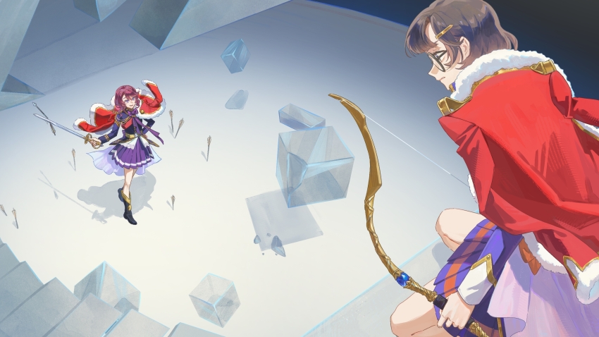 2girls, aiguillette, arrow_(projectile), belt, black_boots, black_jacket, boots, bow