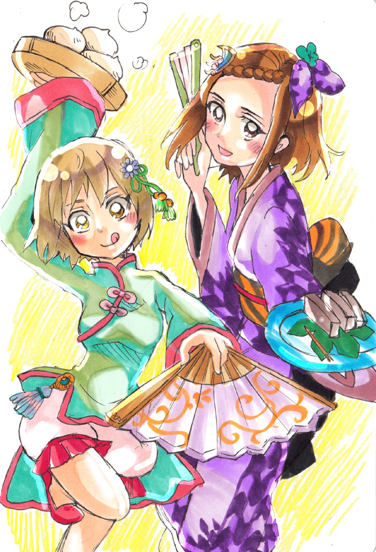 10s, 2girls, :q, steamed_bun, blonde_hair, blush, bow, braid