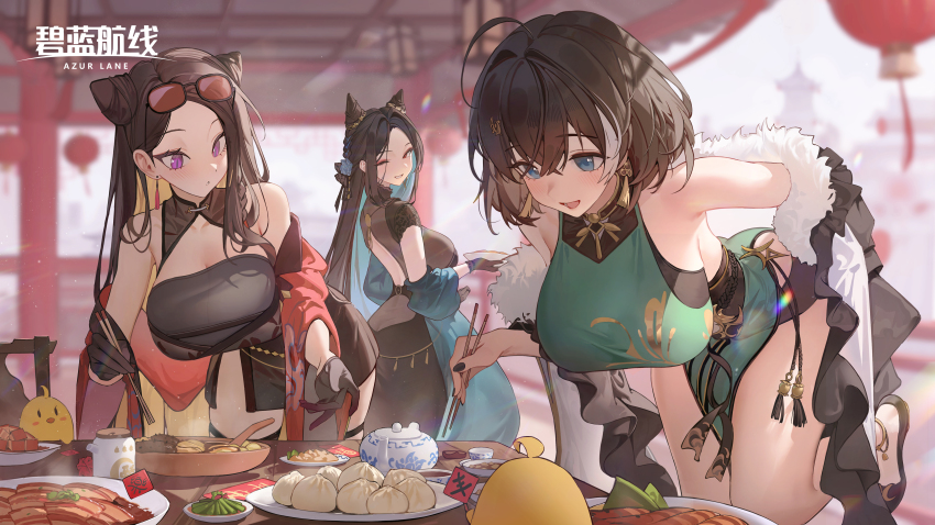 3girls, absurdres, azur_lane, bare_shoulders, black_bodystocking, black_gloves, black_hair, black_nails