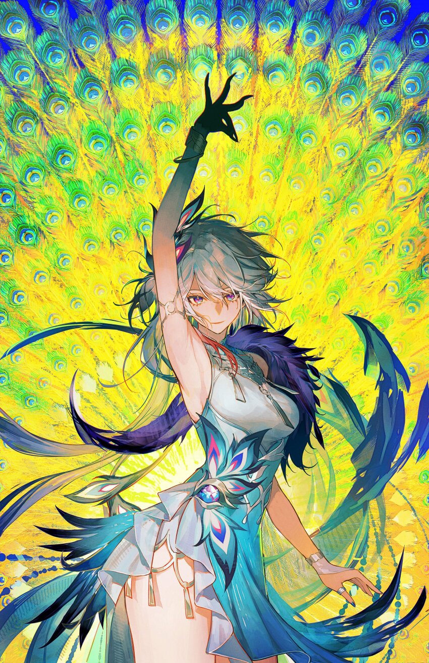 1girl, absurdres, aqua_dress, arm_up, armpits, blue_nails, bracelet, breasts