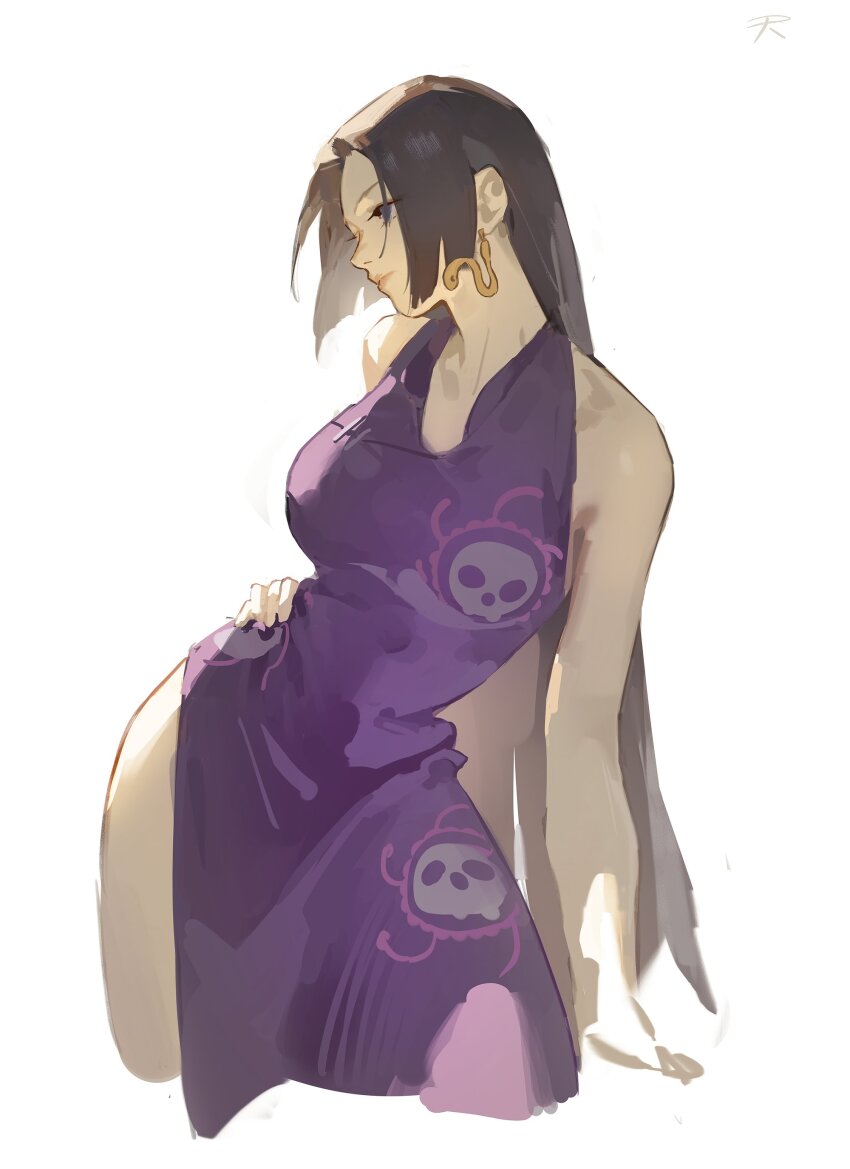 1girl, absurdres, bare_shoulders, blue_eyes, blunt_sidelocks, boa_hancock, breasts, brown_hair, closed_mouth, commentary, cropped_legs, dress, earrings, facing_to_the_side, hand_on_own_hip, highres, jewelry, large_breasts, long_hair, one_piece, purple_dress, rrumirumi_x, sidelocks, simple_background, snake_earrings, solo, thighs, very_long_hair, white_background