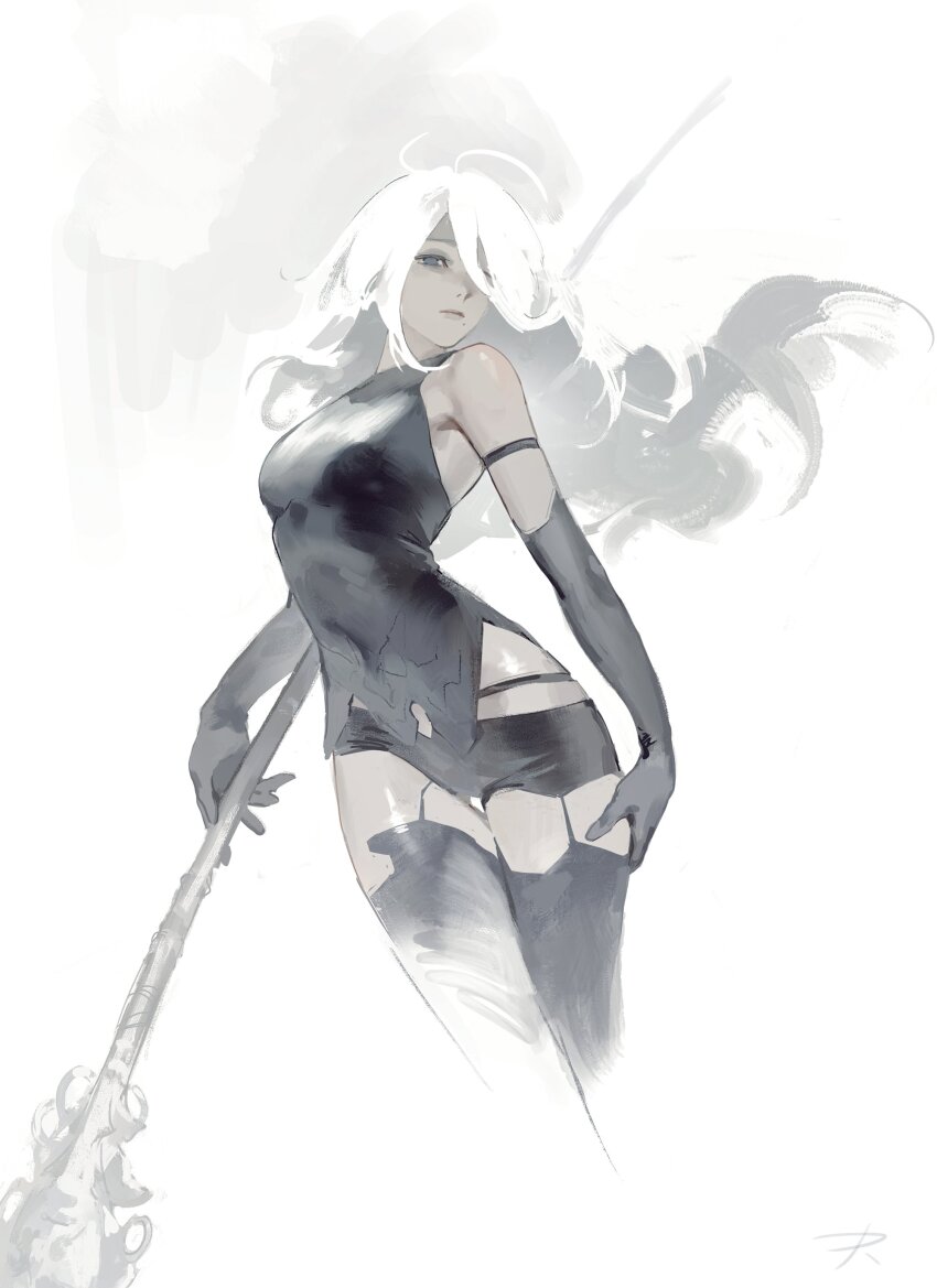 1girl, a2_(nier:automata), absurdres, android, black_gloves, blue_eyes, breasts, commentary