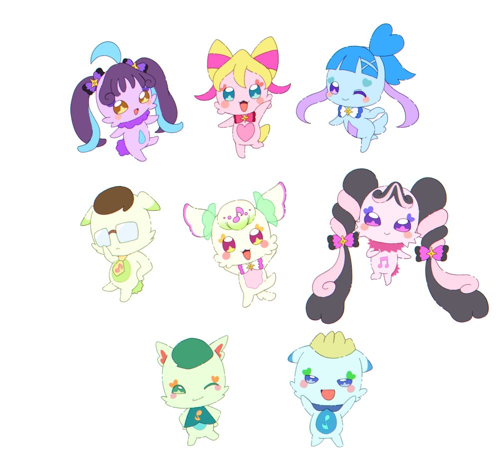 3boys, 5girls, :d, @est@, animalization, aokaze_nana, blonde_hair, blue_eyes, blue_hair, bow, commentary_request, cuttin_(fairy)_(precure), glasses, hair_bow, hat, kimi_to_idol_precure, looking_at_viewer, meroron_(fairy)_(precure), multicolored_hair, multiple_boys, multiple_girls, no_humans, one_eye_closed, open_mouth, pink_bow, pink_hair, precure, purirun_(fairy)_(precure), purple_eyes, purple_hair, sakura_uta_(precure), shigure_kokoro, simple_background, smile, tanakhan, twintails, unicorn, white_background, zakkurin_(fairy)_(precure)