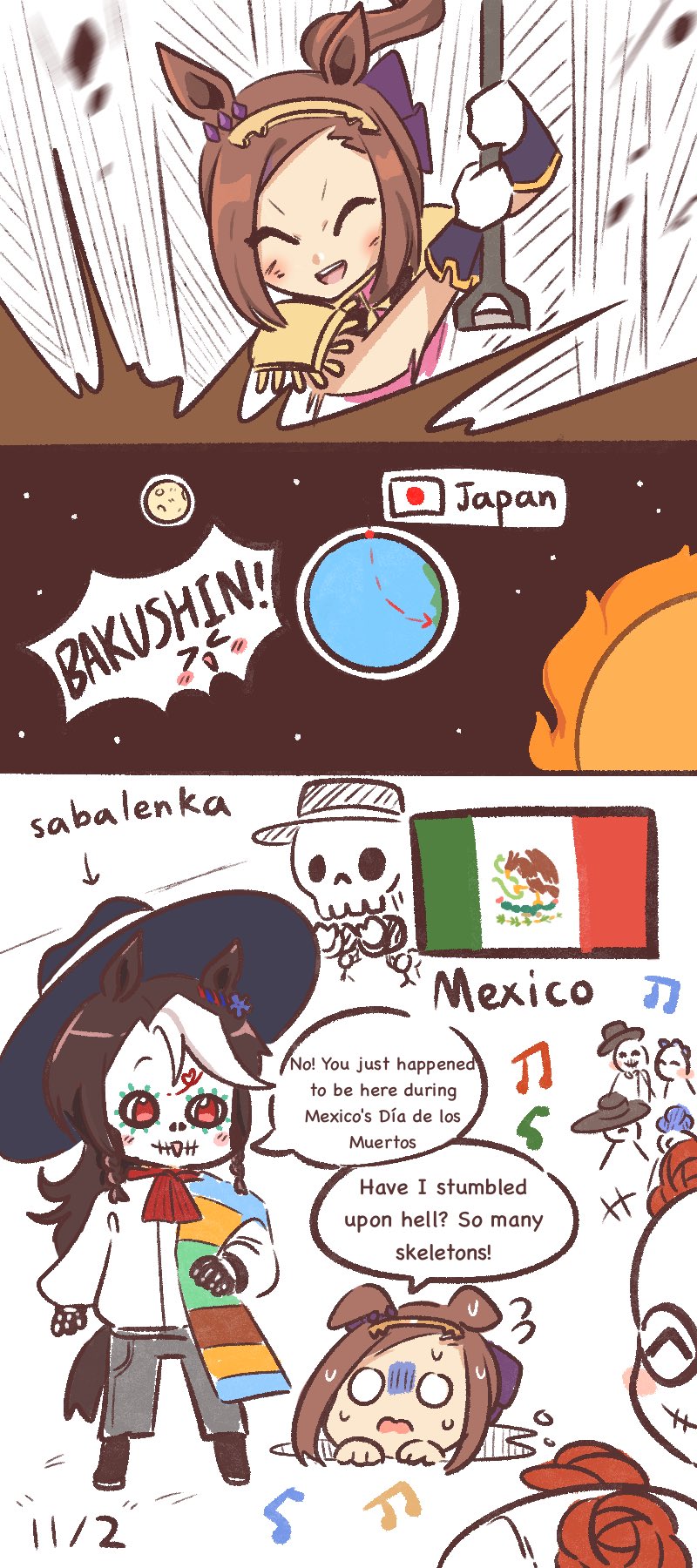 1girl, animal_ears, brown_hair, calavera, commentary, dia_de_muertos, digging, earth_(planet)