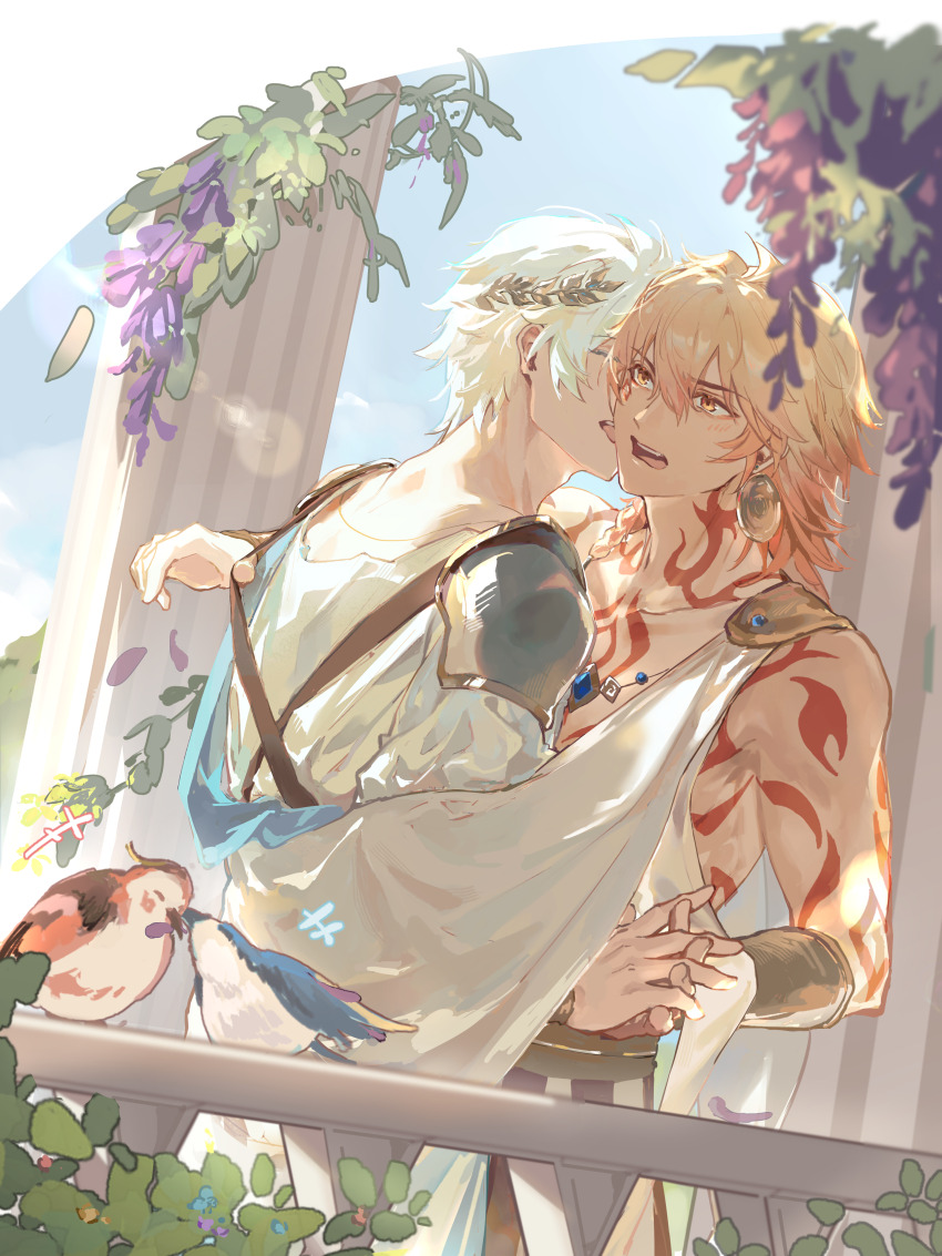 2boys, absurdres, ancient_greek_clothes, antenna_hair, architecture, arm_tattoo, armor, blonde_hair, blue_gem, blue_sky, braid, chest_tattoo, chinese_commentary, chiton, closed_eyes, commentary_request, earrings, ezi6570766, facial_tattoo, gem, gold_earrings, gold_necklace, gold_vambraces, gradient_hair, greco-roman_architecture, greco-roman_clothes, highres, holding_hands, honkai:_star_rail, honkai_(series), jewelry, licking, male_focus, medium_hair, multicolored_hair, multiple_boys, mydei_(honkai:_star_rail), necklace, pauldrons, phainon_(honkai:_star_rail), pillar, red_hair, red_tattoo, robe, short_hair, shoulder_armor, side_braid, single_pauldron, sky, tattoo, white_hair, white_robe, yaoi, yellow_eyes
