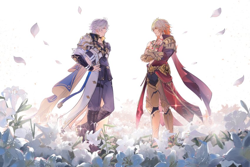 2boys, antenna_hair, arm_tattoo, armlet, armor, armored_boots, black_boots, black_choker