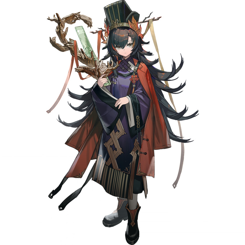 1girl, arknights, artist_request, black_boots, black_hair, boots, chinese_clothes, chinese_knot, chun_(arknights), expressionless, flipped_hair, full_body, green_eyes, holding_sleeve, huban, jacket, jacket_on_shoulders, jade_(gemstone), leaf, long_hair, looking_at_viewer, maple_leaf, multicolored_hair, open_clothes, open_jacket, pointy_ears, purple_robe, red_jacket, red_pupils, red_streaks, ritual_baton, robe, solo, statuette, streaked_hair, third-party_source, transparent_background