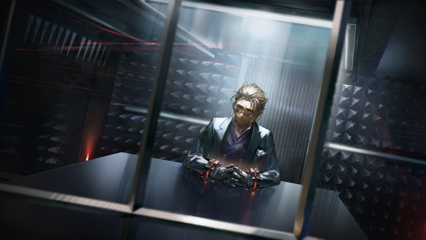 1boy, absurdres, black_gloves, black_pants, black_shoes, black_vest, blonde_hair, breast_pocket