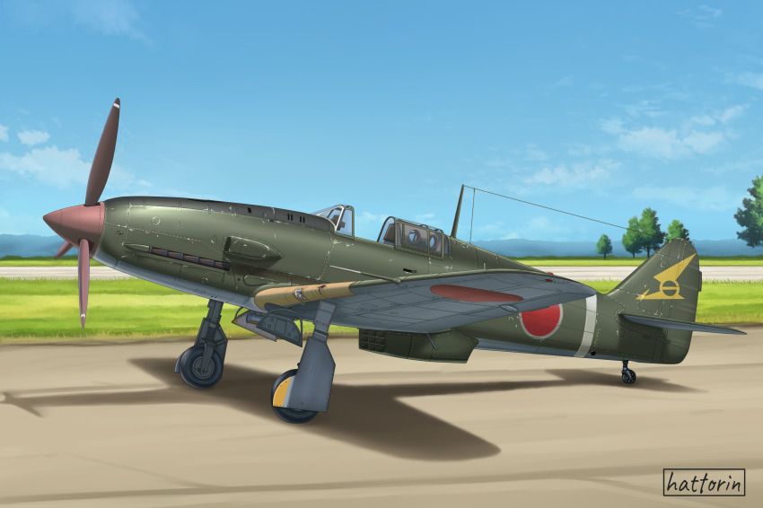 absurdres, aircraft, airplane, artist_name, blue_sky, hattorin, highres, imperial_japanese_army, ki-61_hien, landing_gear, military, military_vehicle, no_humans, open_cockpit, propeller, propeller_fighter, shadow, sky, vehicle_focus, world_war_ii