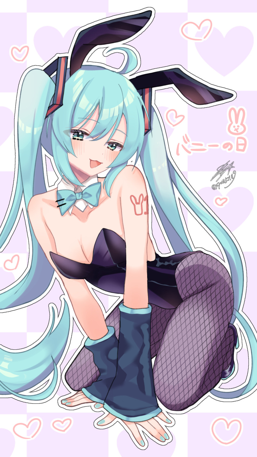 1girl, :3, absurdres, ahoge, alternate_tattoo, animal_ears, aqua_bow, aqua_bowtie, aqua_eyes, aqua_hair, aqua_nails, arm_tattoo, bare_shoulders, black_leotard, blush, bow, bowtie, breasts, cleavage, commentary_request, detached_collar, eyelashes, fingernails, fishnet_pantyhose, fishnets, full_body, hair_between_eyes, hands_on_ground, hatsune_miku, heart, highres, leotard, long_hair, nail_polish, open_mouth, outline, pantyhose, playboy_bunny, rabbit_ears, saki_(syauki1119), signature, smile, solo, strapless, strapless_leotard, tattoo, translation_request, twintails, very_long_hair, vocaloid, white_outline