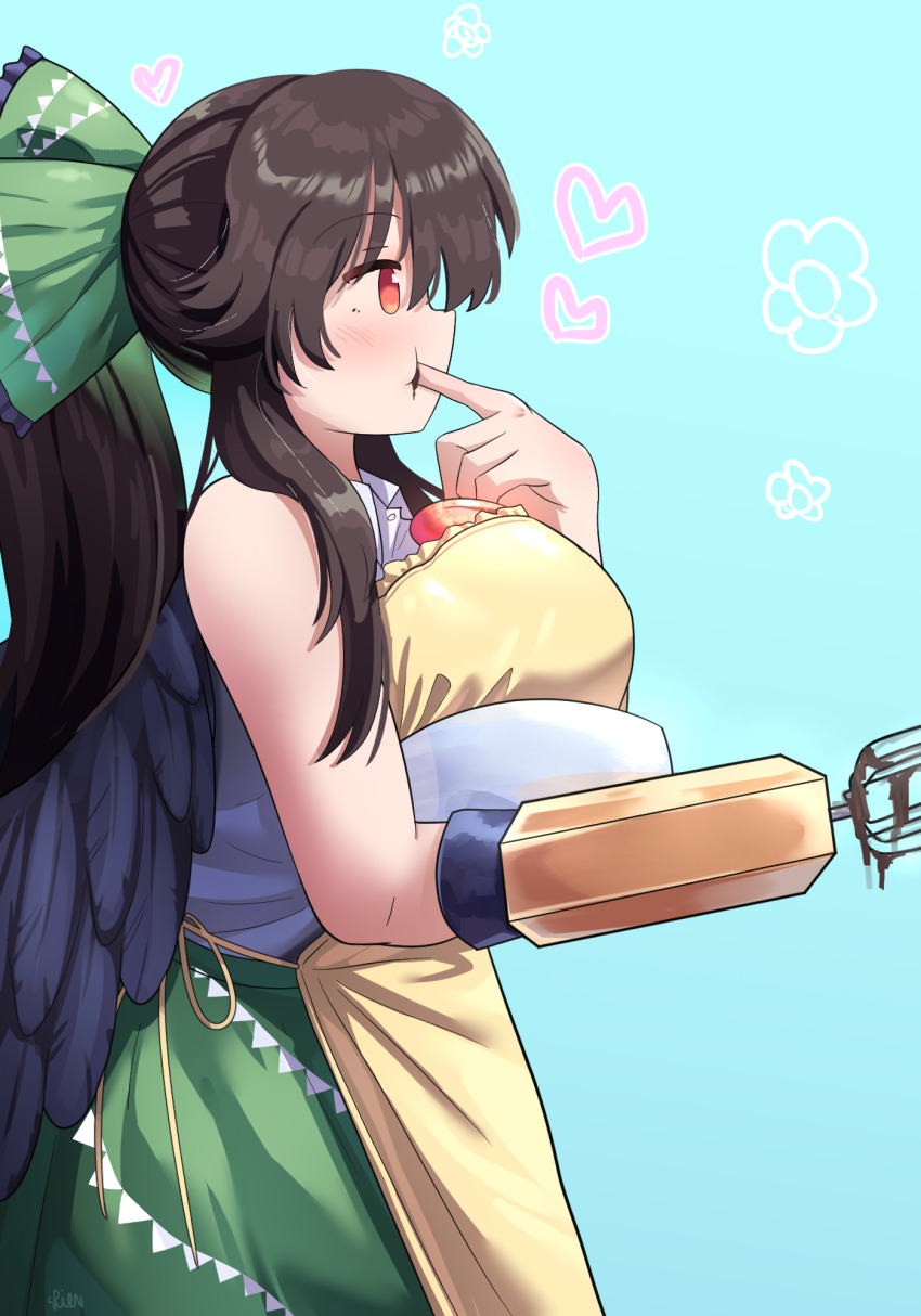 1girl, apron, arm_cannon, bird_wings, black_wings, blue_background, bow, breasts, brown_hair, chocolate, commentary, english_commentary, finger_in_own_mouth, flower, frilled_bow, frills, from_side, green_bow, green_skirt, hair_bow, heart, highres, large_breasts, long_hair, mixer_(cooking), ponytail, profile, red_eyes, reiuji_utsuho, rion_(user_ufvg8527), shirt, simple_background, skirt, taste_testing, third_eye, chest_eye, touhou, valentine, weapon, wings, yellow_apron