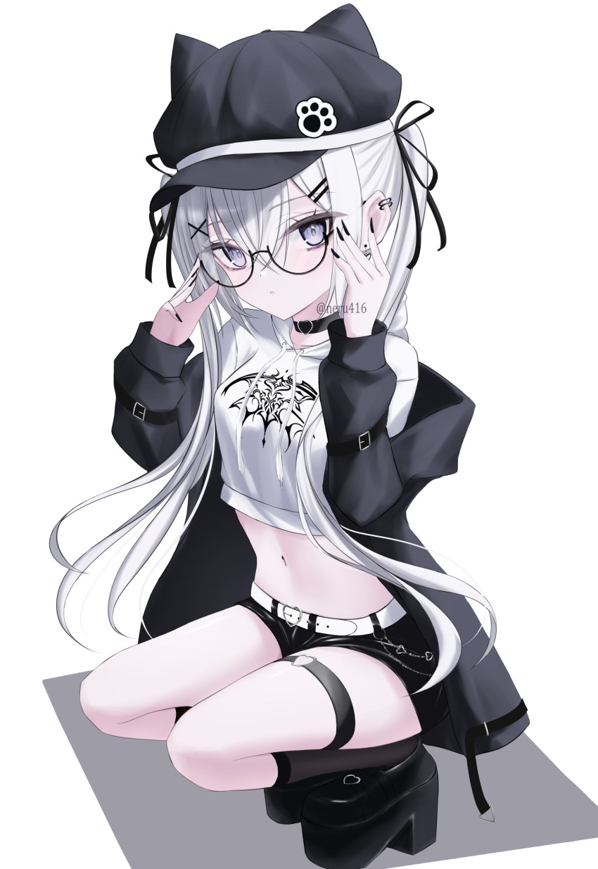 1girl, absurdres, adjusting_eyewear, animal_hat, belt, black-framed_eyewear, black_choker, black_hat, black_jacket, black_nails, black_ribbon, black_shoes, black_shorts, black_socks, breasts, buckle, cat_hat, choker, commentary_request, crop_top, cropped_hoodie, ear_piercing, earrings, fingernails, full_body, glasses, hair_between_eyes, hair_ornament, hair_ribbon, hairclip, hat, heart, heart-shaped_buckle, heart_o-ring, highres, hood, hood_down, hoodie, iris37337, jacket, jewelry, long_fingernails, long_hair, long_sleeves, looking_at_viewer, multiple_piercings, nail_polish, navel, navel_piercing, newsboy_cap, o-ring, o-ring_thigh_strap, open_clothes, open_jacket, original, parallel_hairclips, paw_hat_ornament, petite, piercing, platform_shoes, ribbon, round_eyewear, shoes, short_shorts, shorts, simple_background, small_breasts, socks, solo, squatting, thigh_strap, twintails, white_background, white_belt, white_hair, white_hoodie, x_hair_ornament
