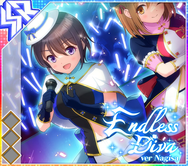 2girls, :d, ;), album_cover, amane_ai, audience, back_bow, black_dress, black_hair, black_hat, blue_bow, blue_gloves, blue_ribbon, blush, bow, breasts, brown_eyes, brown_hair, capelet, character_name, closed_mouth, cover, diffraction_spikes, dot_nose, dress, english_text, front_slit, game_cg, gloves, glowstick, hand_on_own_chest, hand_up, hat, hat_bow, hat_ribbon, holding, holding_microphone, idol, idol_clothes, idol_wars, large_bow, large_breasts, microphone, multiple_girls, navel, official_art, one_eye_closed, open_mouth, purple_eyes, red_bow, ribbon, shorts, smile, sparkle, stage, third-party_source, white_capelet, white_gloves, white_hat, white_shorts, yukishiro_nagisa