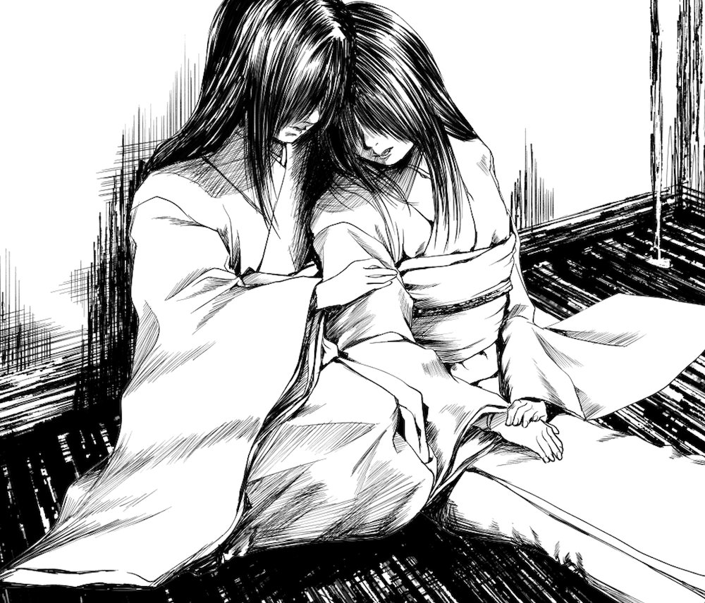 2girls, commentary_request, fatal_frame, fatal_frame_ii:_crimson_butterfly, gauss_<bokashi, greyscale, hair_over_eyes, japanese_clothes