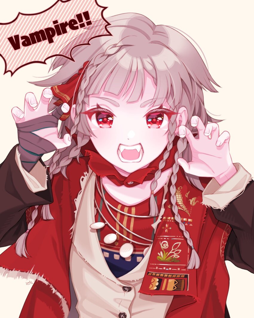 1girl, black_coat, claw_pose, coat, commentary_request, english_text, fangs, grey_hair