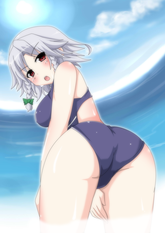 1girl, ass, bare_shoulders, beach, bent_over, blush, braid, breasts