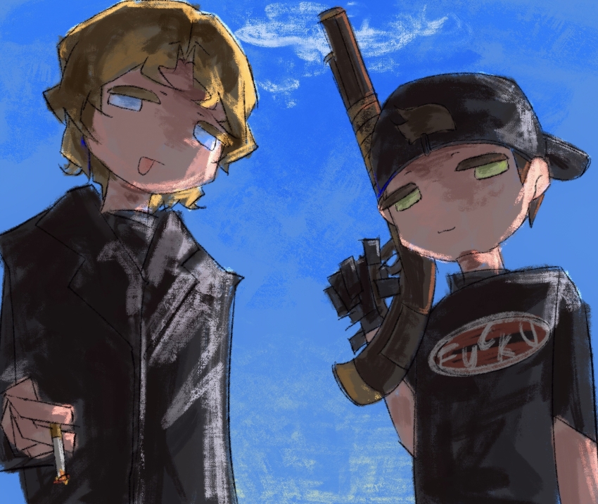 2boys, :3, :p, :|, animification, arm_at_side, backlighting, backwards_hat, baseball_cap, black_gloves, black_hat, black_jacket, black_shirt, blonde_hair, blue_eyes, blue_sky, brown_hair, chinese_commentary, cigarette, closed_mouth, clothes_writing, colored_eyelashes, commentary_request, day, deformed, dylan_klebold, english_text, eric_harris, from_below, gloves, green_eyes, gun, hair_behind_ear, hand_up, hat, highres, holding, holding_cigarette, holding_gun, holding_weapon, jacket, jitome, long_sleeves, looking_at_viewer, male_focus, multiple_boys, no_nose, no_pupils, outdoors, profanity, real_life, shirt, short_hair, short_sleeves, shotgun, sky, smoke, t-shirt, tangguaqiezi, tongue, tongue_out, true_crime, turtleneck, turtleneck_shirt, upper_body, very_short_hair, weapon