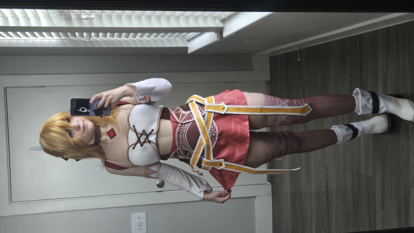 1girl, bandeau, bare_shoulders, blonde_hair, boots, bra_strap, breasts, brown_skirt