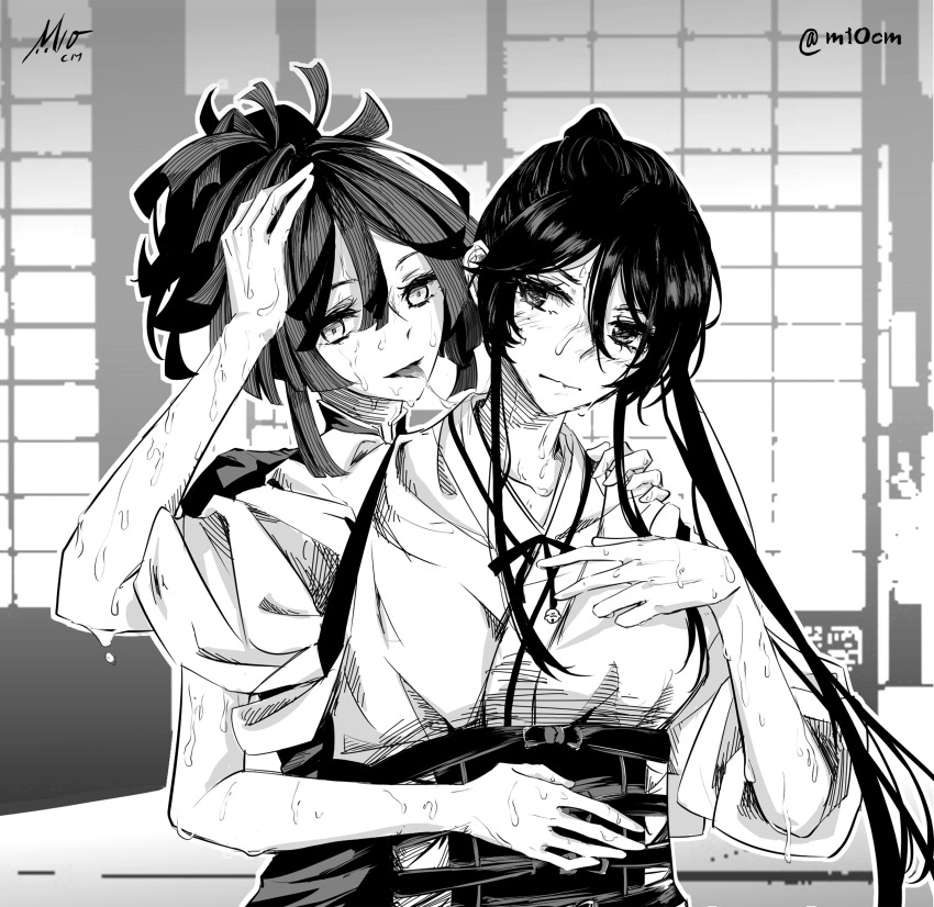 2girls, absurdres, artist_name, collarbone, commentary, english_commentary, greyscale, highres