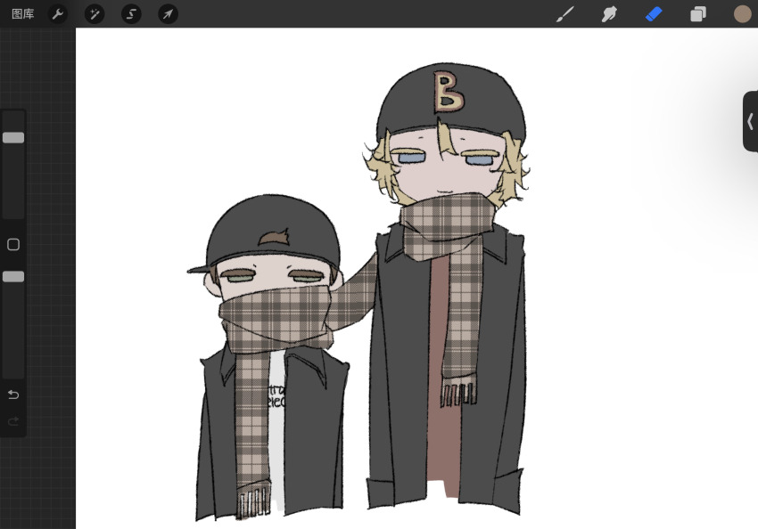 2boys, :3, animification, arms_at_sides, art_program_in_frame, backwards_hat, black_coat, black_hat