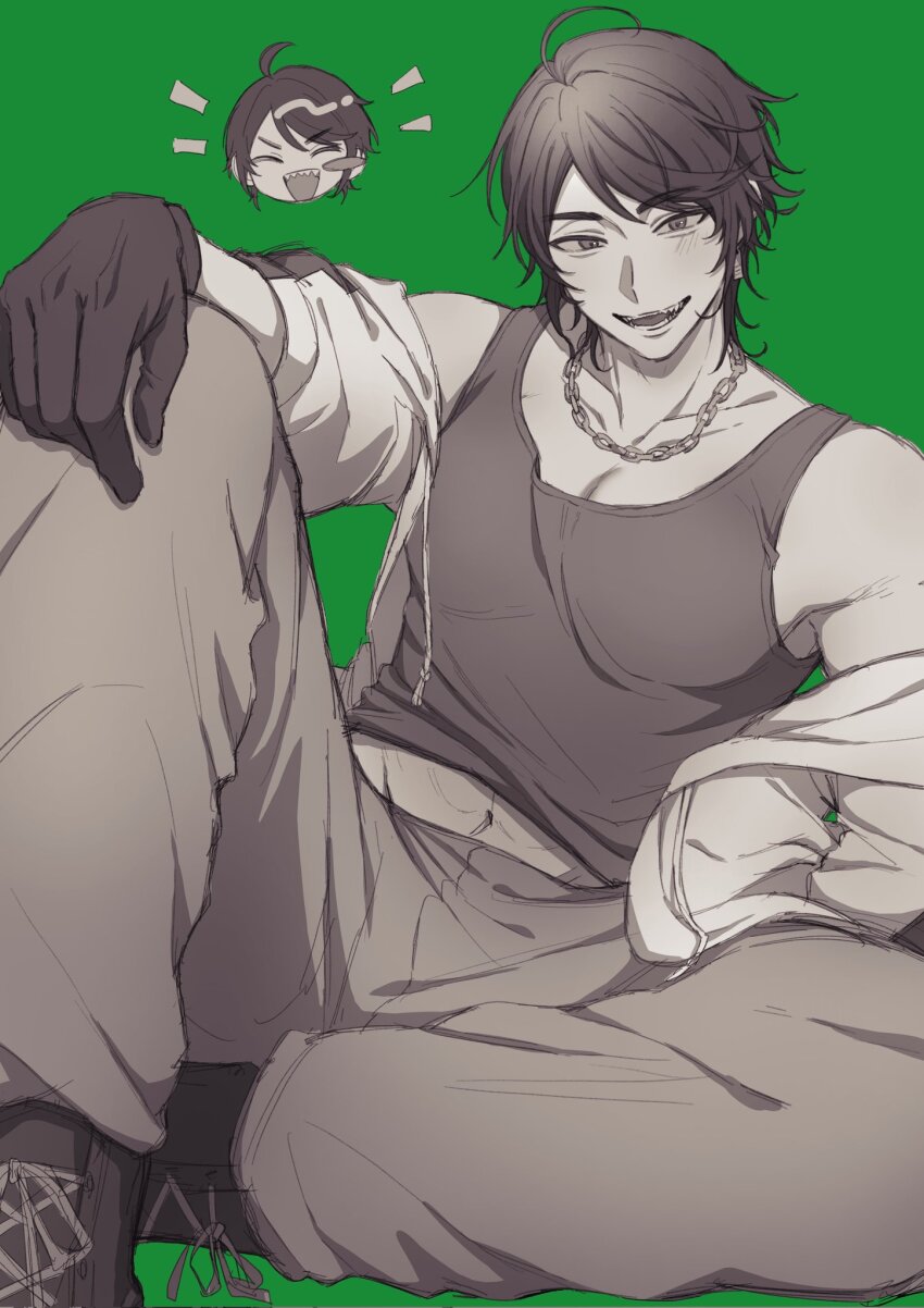 1boy, axis_powers_hetalia, blush, brazil_(hetalia), chain, chain_necklace, chibi, chibi_inset