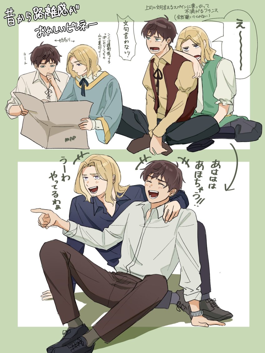 2boys, absurdres, age_comparison, aged_down, axis_powers_hetalia, blonde_hair, brown_hair, chiqma0
