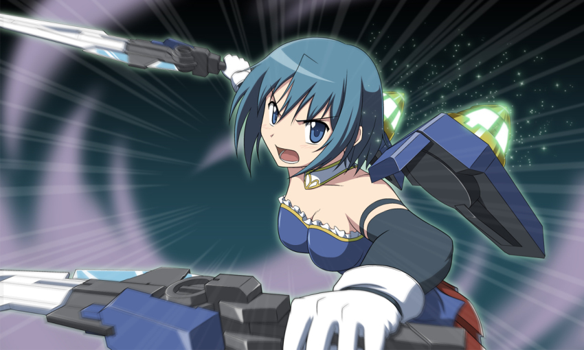 1girl, armband, bad_id, bad_pixiv_id, blue_eyes, blue_hair, breasts, dual_wielding