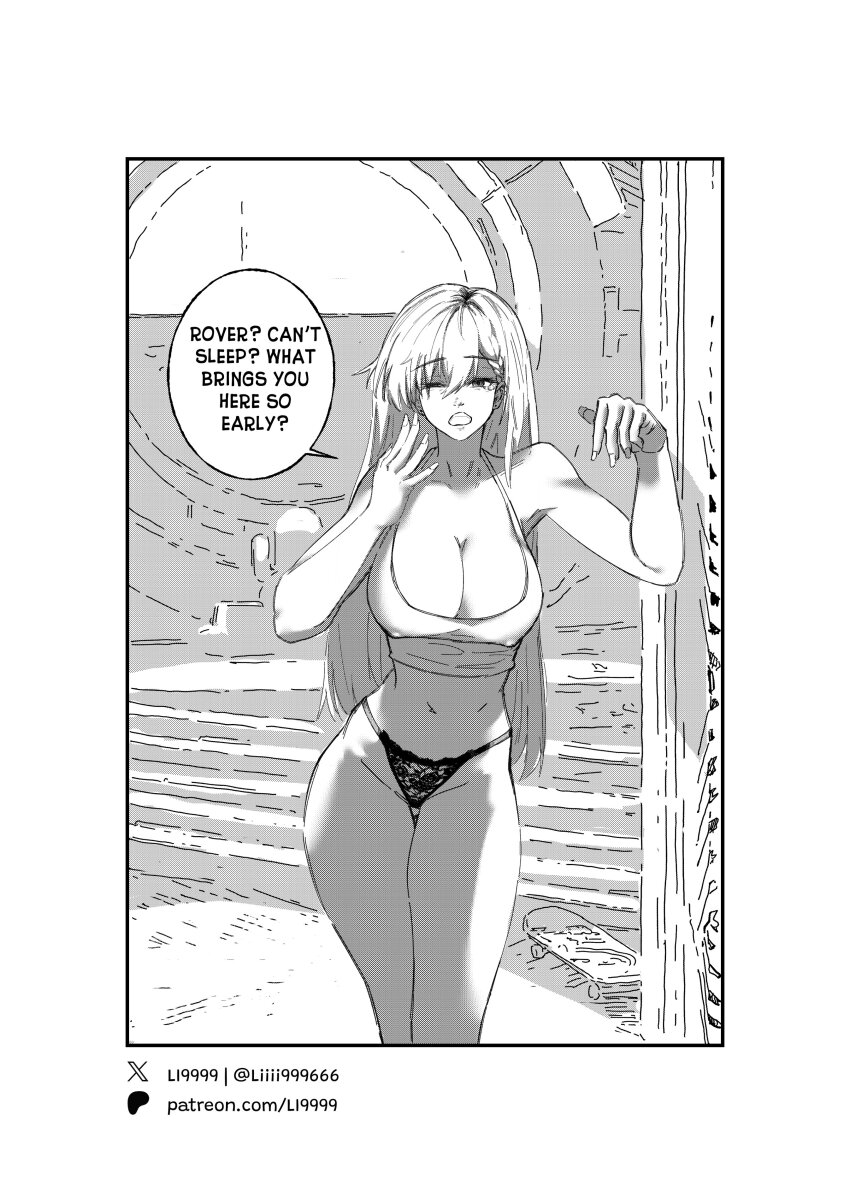 1girl, absurdres, alternate_hairstyle, black_panties, border, bow, braid, braided_bangs, breasts, cleavage, collarbone, commentary, covered_erect_nipples, earrings, english_commentary, english_text, greyscale, groin, highres, indoors, jewelry, large_breasts, li9999, long_hair, lynae_(wuthering_waves), monochrome, nail_polish, navel, one_eye_closed, open_mouth, panties, shirt, skateboard, sleepy, underwear, white_border, white_shirt, wuthering_waves