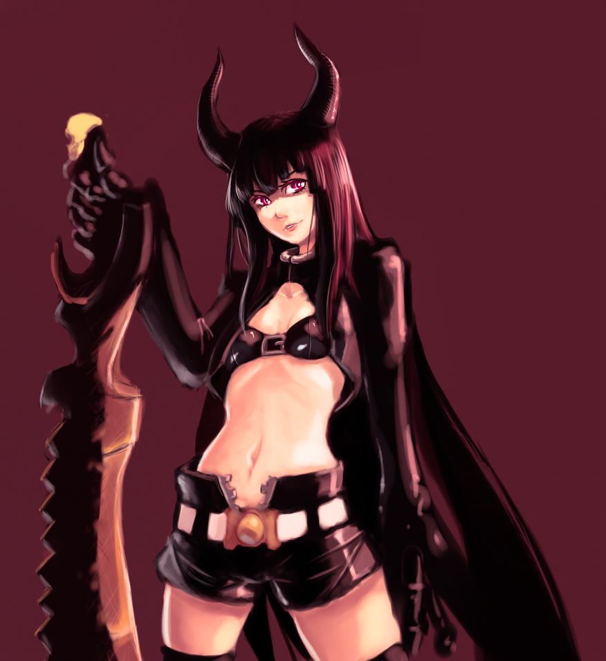 10s, 1girl, bikini, bikini_top_only, black_bikini, black_gold_saw, black_hair, black_rock_shooter, cape, cropped_jacket, drawfag, female_focus, hime_cut, horns, huge_weapon, king_saw, long_hair, midriff, navel, red_eyes, shorts, simple_background, solo, swimsuit, sword, thighhighs, unzipped, wat-kun, weapon