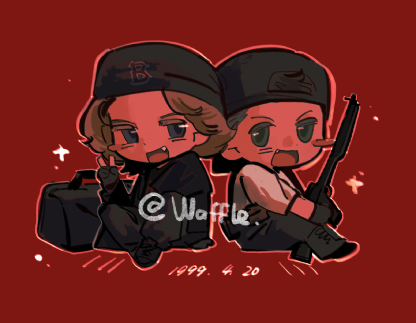 2boys, :d, animification, arm_at_side, arm_support, back-to-back, backwards_hat, bag