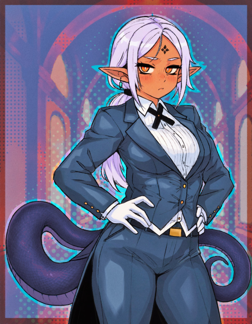 1girl, arknights, belt, blue_background, blue_outline, blush, border, breasts