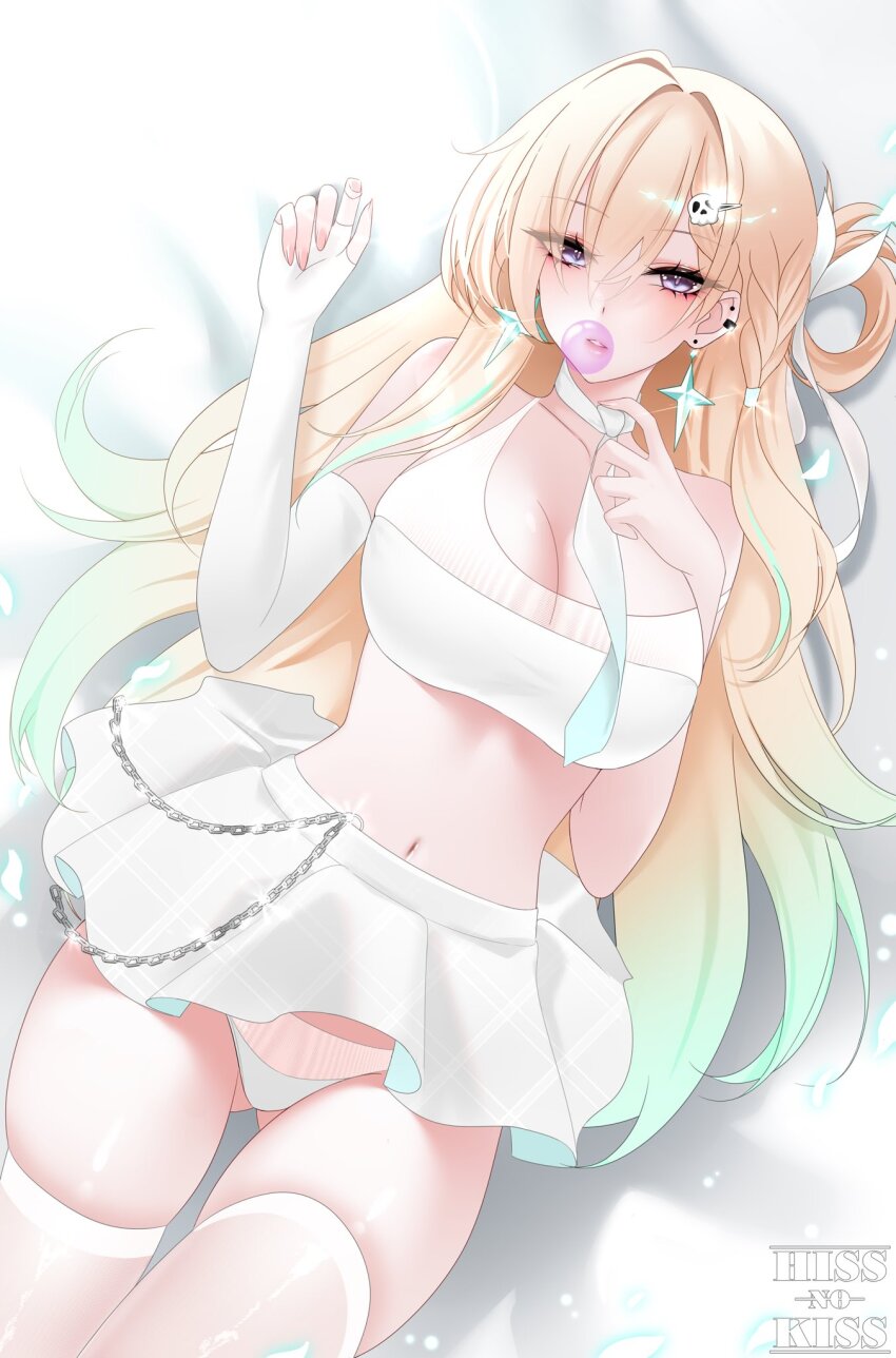 1girl, blonde_hair, blowing_bubble_gum, braid, braided_bangs, breasts, chain, chewing_gum